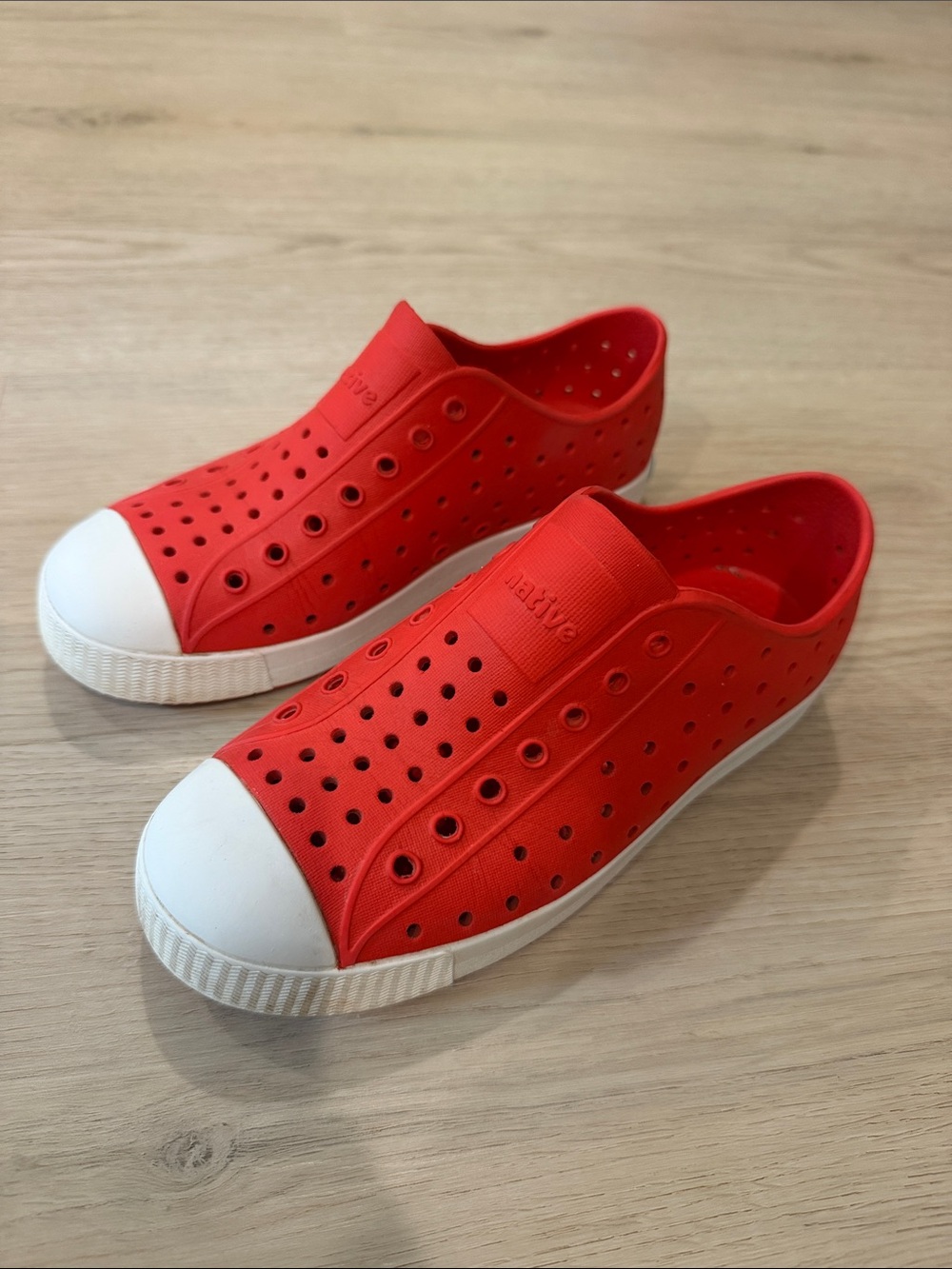 Native J2 Red Slip-On Water Shoes with White Toe Cap